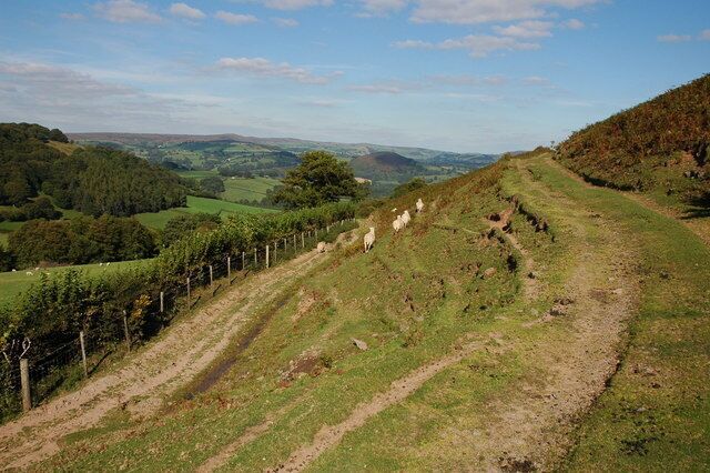 Track on Cefn Llwydallt View to the east across the Wye valley which flows through the valley in the middle distance.