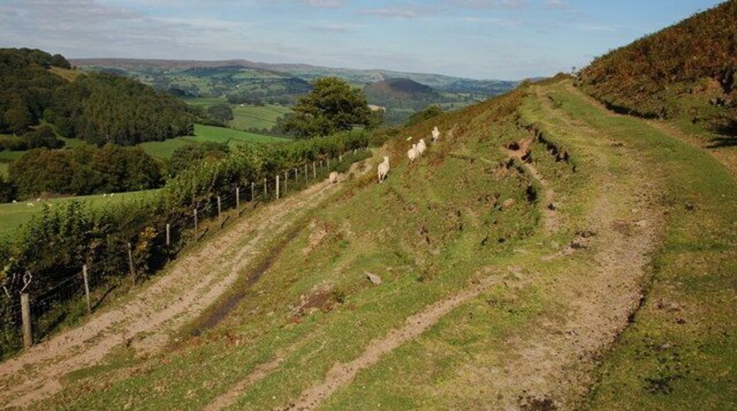 Track on Cefn Llwydallt View to the east across the Wye valley which flows through the valley in the middle distance.
