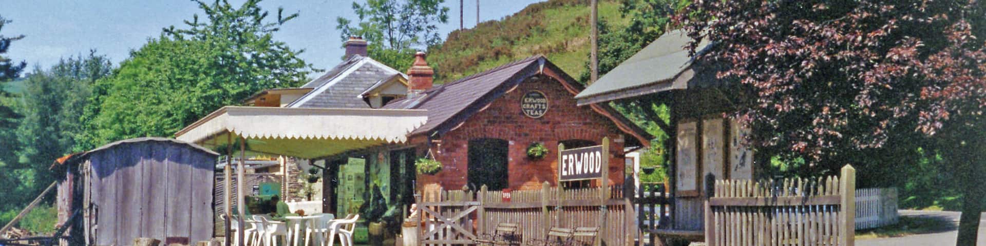 Former station at Erwood, 1994. View NW, towards Builth Wells and Moat Lane: ex-Cambrian Railway Moat Lane - Brecon (Mid-Wales) line, closed completely 31/12/62. This is an unusual transformation of a former station into a café, on the main road down the Wye Valley.