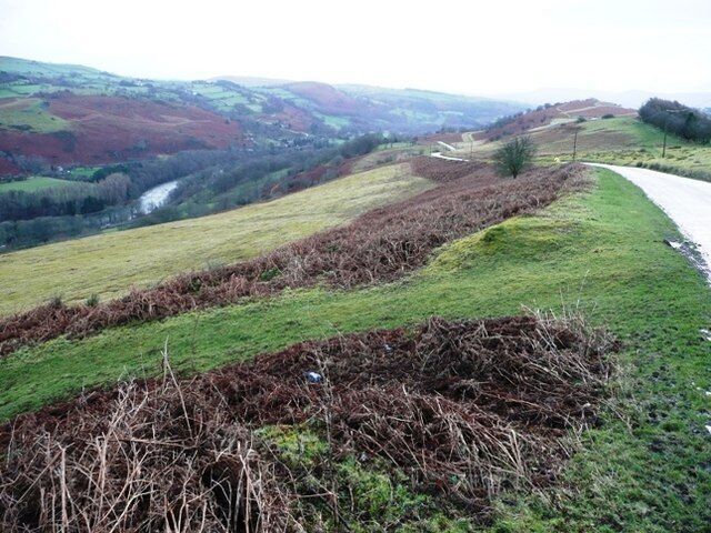 Wye valley at Twmpath A minor road gingerly descends the steeply sided valley. When driving stop before looking otherwise you are liable to veer off onto the ever steepening soft ground.