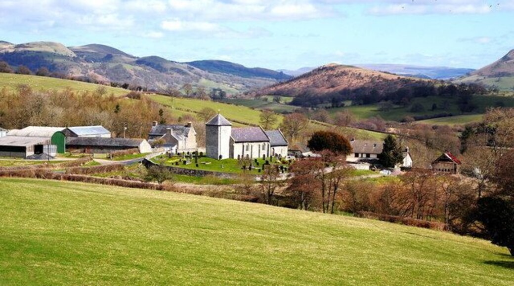 Llanddewi'r Cwm, Powys (formerly Breknockshire), showing St David's parish church in its ancient circular churchyard
