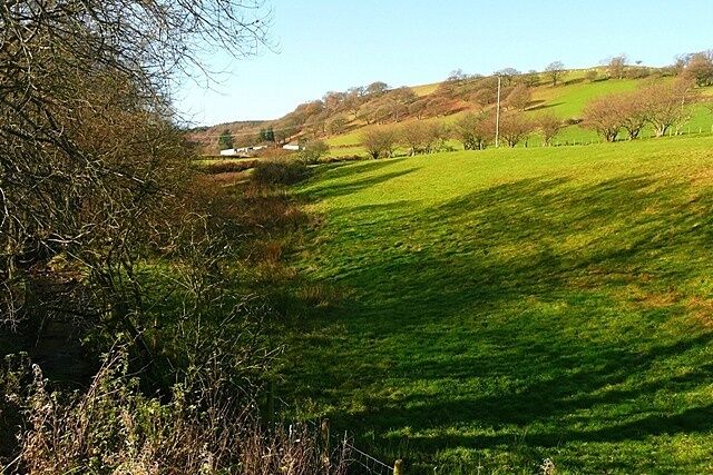 Towards Gwern-y-mynach Looking virtually along the grid line from the road towards Gwern-y-mynach farm, with the pastures rising steeply towards the 337 metre spot height on the right.