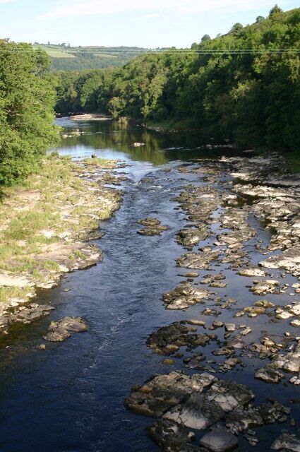 A river with rocky terrain and dense forested banks.