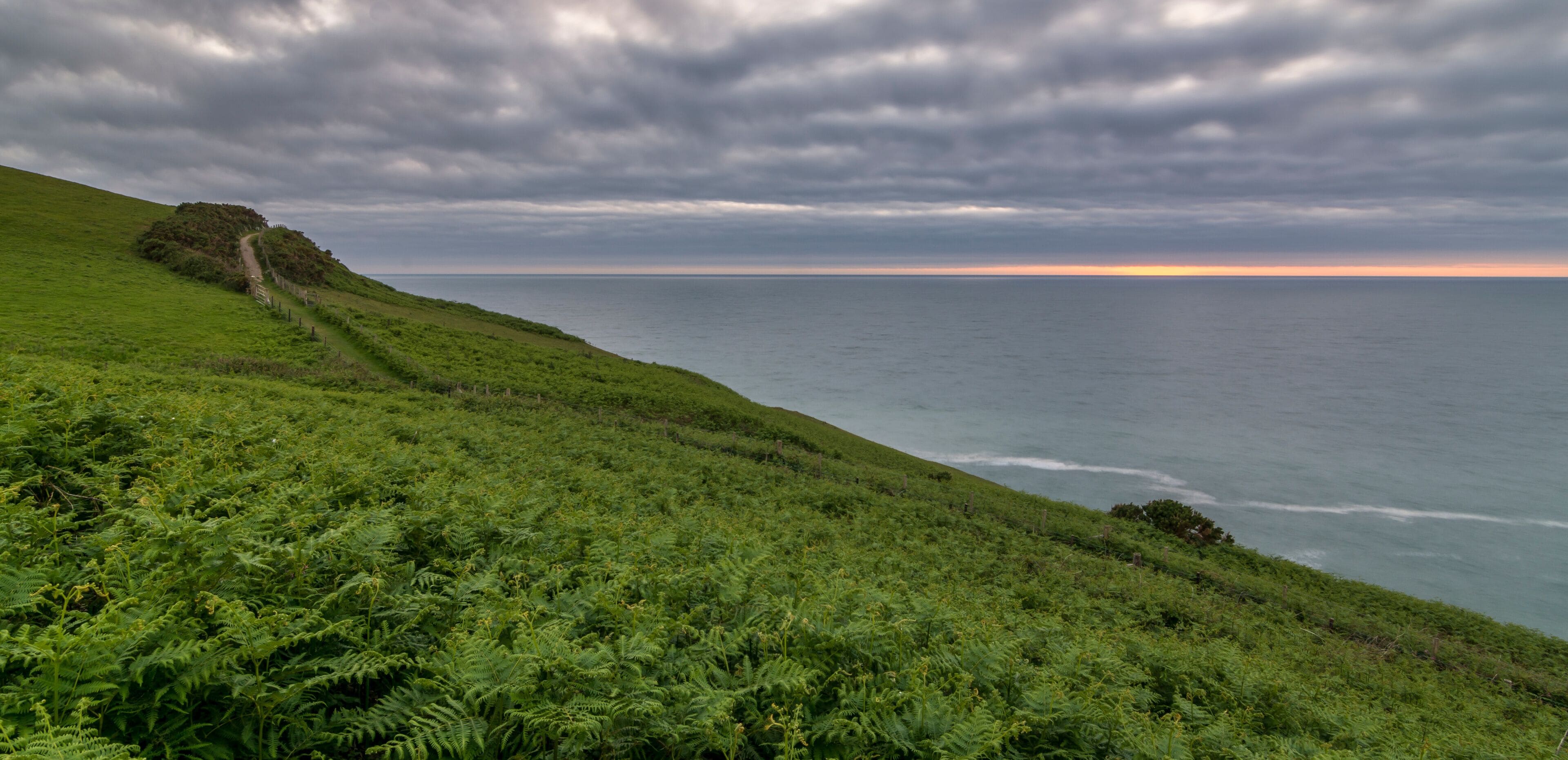 Paisagem costeira com uma colina gramada, um caminho e o oceano sob um céu nublado.