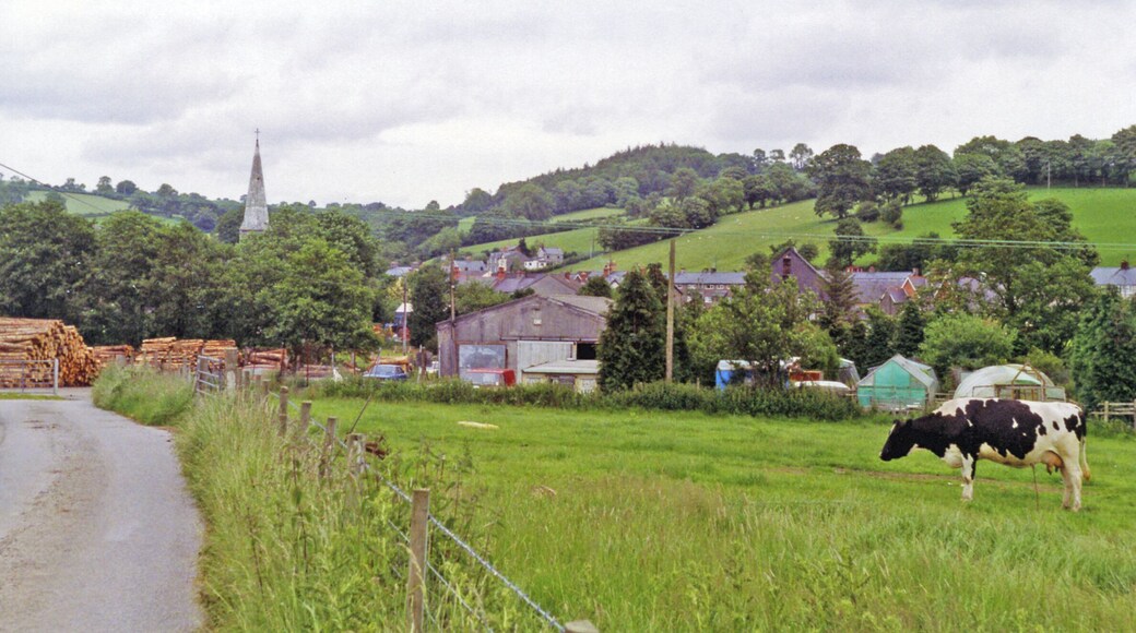 Site of Gwyddelwern station, 1993. View NE, towards the village: ex-LNWR Denbigh - Ruthin (to left) - (to right) Corwen line, closed entirely 1/3/65. The station had been where the sawmills are now and was closed to passengers from 2/2/53, to goods 2/12/57.