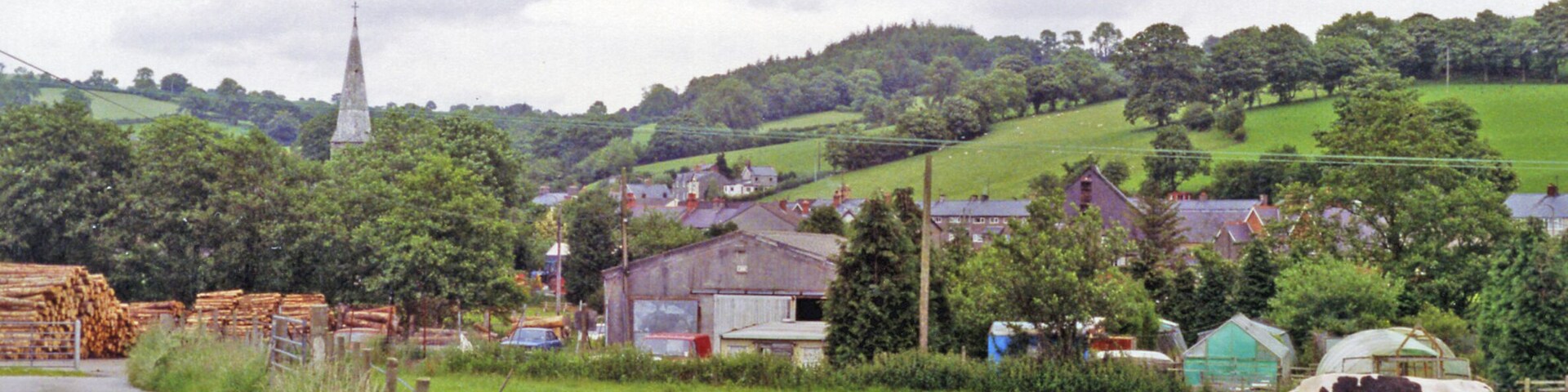 Site of Gwyddelwern station, 1993. View NE, towards the village: ex-LNWR Denbigh - Ruthin (to left) - (to right) Corwen line, closed entirely 1/3/65. The station had been where the sawmills are now and was closed to passengers from 2/2/53, to goods 2/12/57.
