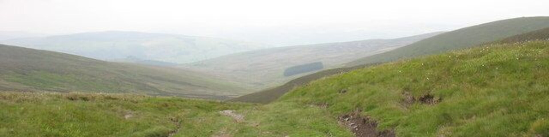 Un valle cubierto de hierba con un sendero de tierra que lo atraviesa.