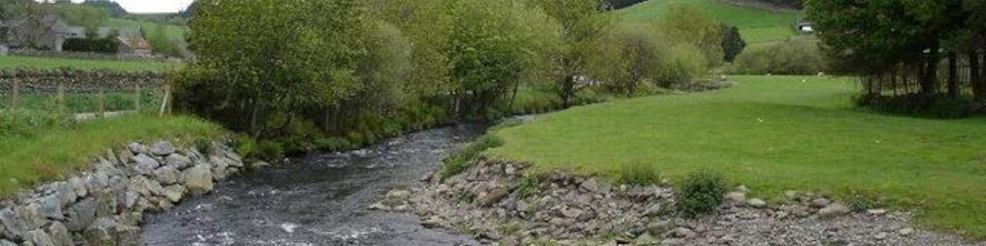 A rocky stream with a stone wall on one side and a grassy field on the other.