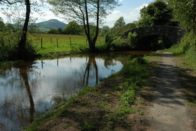 Monmouthshire and Brecon Canal approaching bridge 127 The 551m high Tor y Foel can be seen in the distance through the trees.