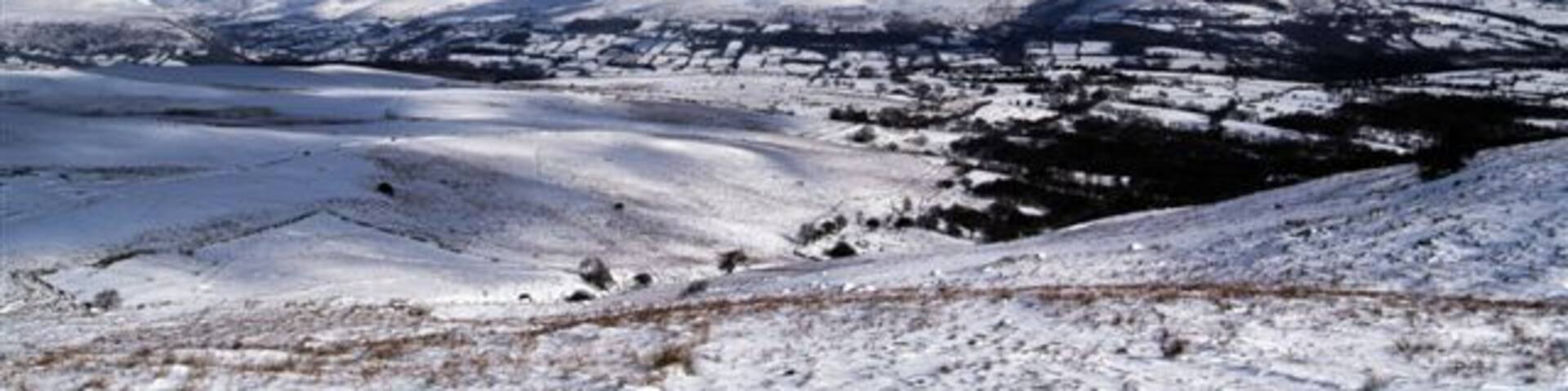Snow scene looking towards Tretower