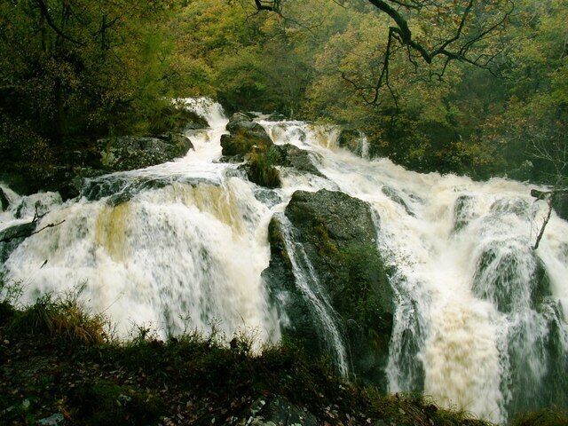 A waterfall cascading over rocks in a forested area.