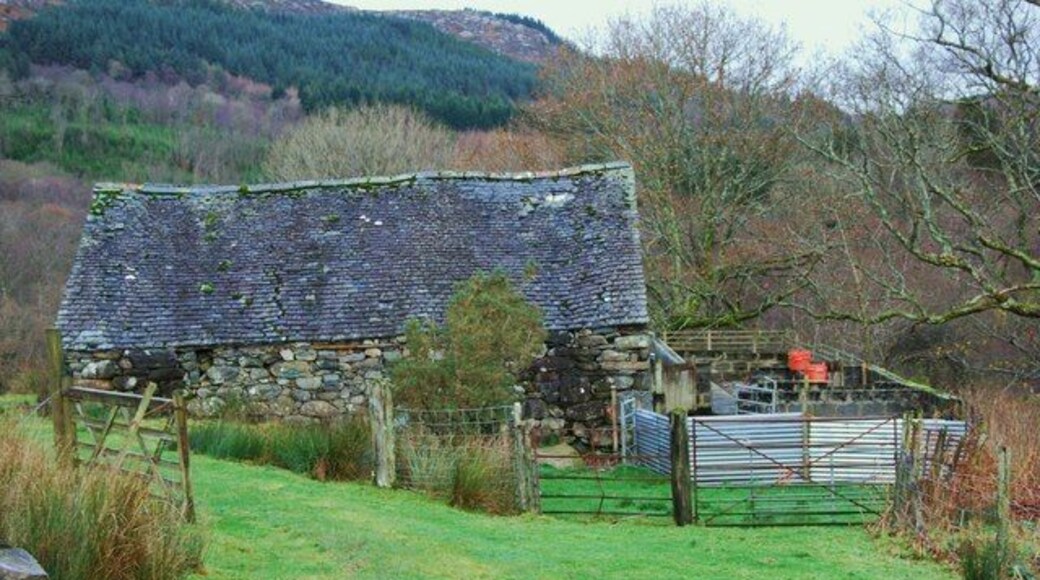 Small barn and sheep handling pens A small barn and handling pens that are well maintained. The barn looks as if it is used as a store for farm supplies and animal fodder.