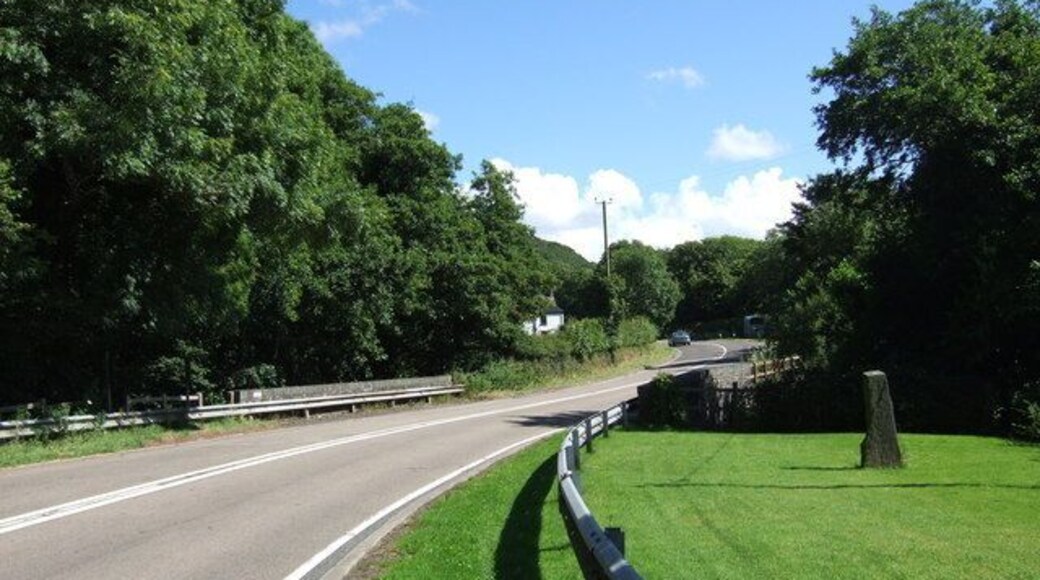 Pont Baldwyn viewed from the north The ancient Baldwyn's bridge seen here after leaving Felindre Farchog on the Cardigan road, a fast and dangerous stretch. The stone on the right is a decorative feature.