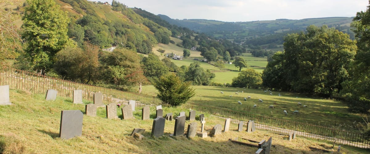 A cemetery with headstones on a grassy hill, surrounded by trees and a distant village.