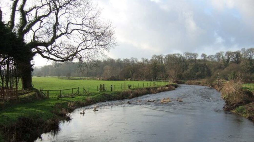 Un río serpentea por un paisaje rural con una cerca y árboles.