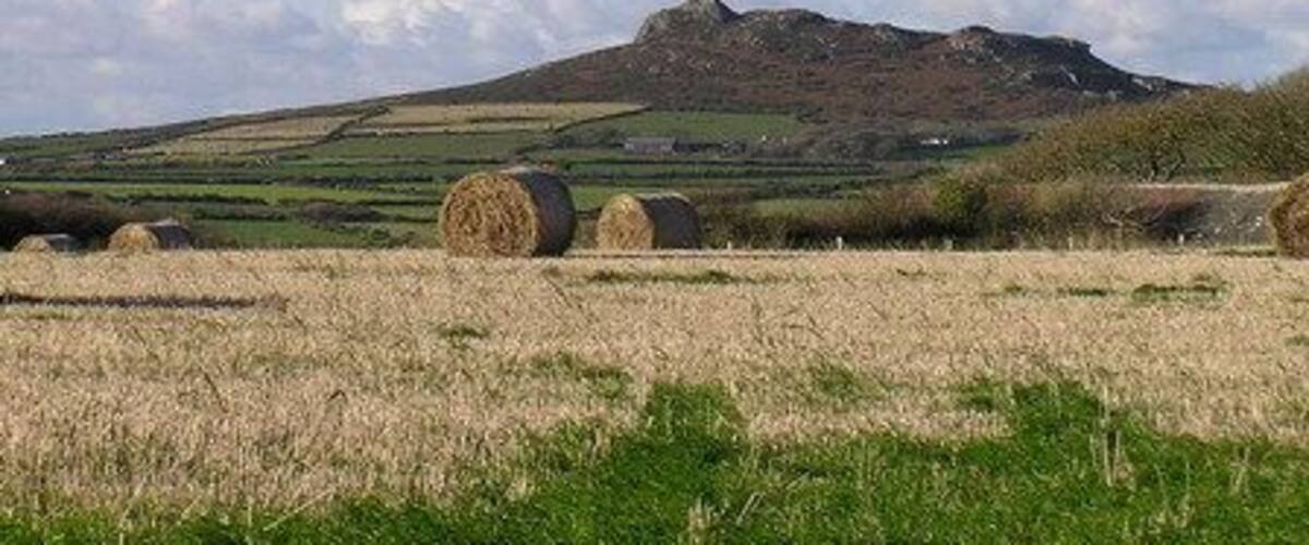 A rural landscape with rolling hills, hay bales, and a clear sky.