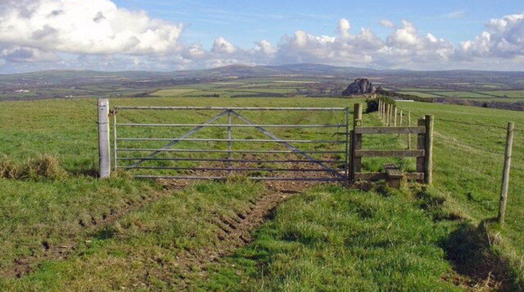 Stile on footpath over Treffgarne Mountain On the horizon is the Preseli ridge. In the middle distance is the top of Poll Carn.