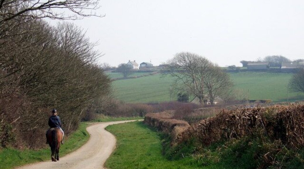 Approaching Treletert/Letterston from the northwest The rider is heading towards the crossroads called Black Gate, with the buildings above being outliers of the village and close to the A40 road towards Fishguard.