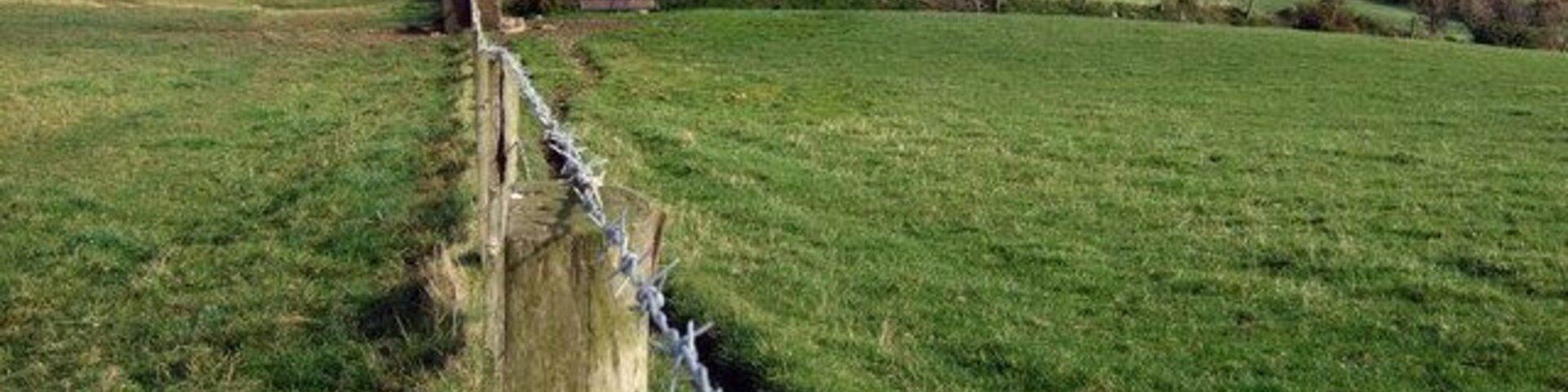 Un campo cubierto de hierba con una valla de madera y alambre de púas, una colina rocosa a lo lejos y un cielo nublado.