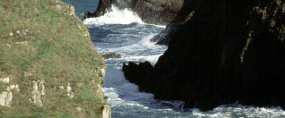 Abercastle, looking towards Pwllcrochan Looking through the channel between Ynys y Castell and the harbour inlet at Abercastle past the headland of Trwyn Llwynog to the remote beach at Pwllcrochan below St Nicholas. This shows the rugged nature of the Pembrokeshire coast in this area.