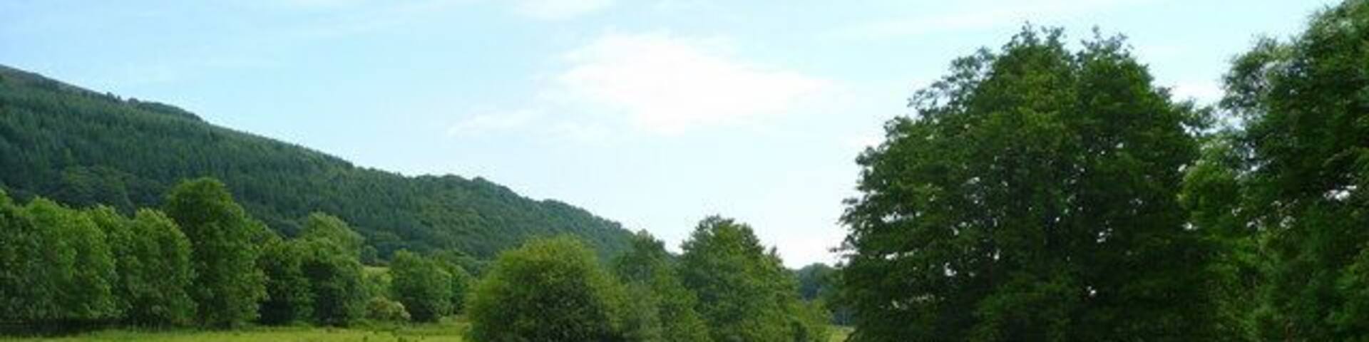 River Teme - summer View downstream from Stowe Bridge. Tornett Wood is on the steep valley side to the left in Shropshire.