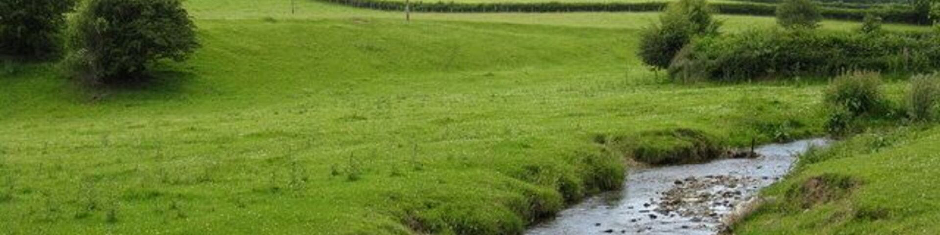 A rural landscape with a stream, green fields, and rolling hills.