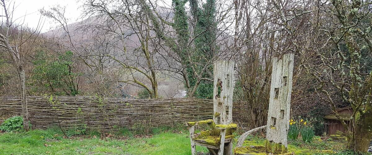 A rustic garden with a wooden fence, moss-covered chairs, and a backdrop of leafless trees and a mountain.