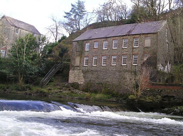 Allt-y-Cafan Mill and weir, Llandysul, Wales. One of the water-powered woolen mills in south west Wales that flourished a century ago.