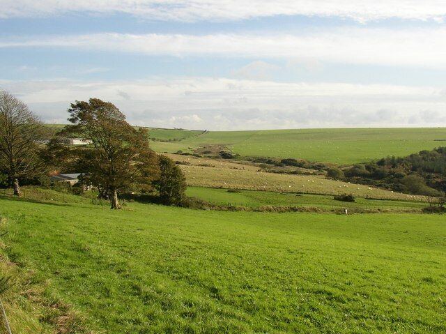 View up the valley, Llandissiliogogo The lane snakes up the left side of the valley, passing Fynnon-goeg and Cruglas before going over the ridge. On the right is a corner of a large plantation.