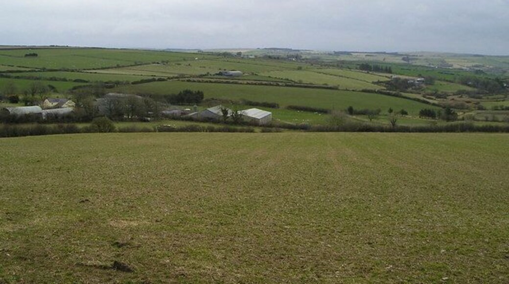 View over Farmland This is a typical upland view in Ceredigion with scattered farmsteads, clumps of trees, and grass fields surrounded by neatly trimmed hedges. It is mainly sheep country.