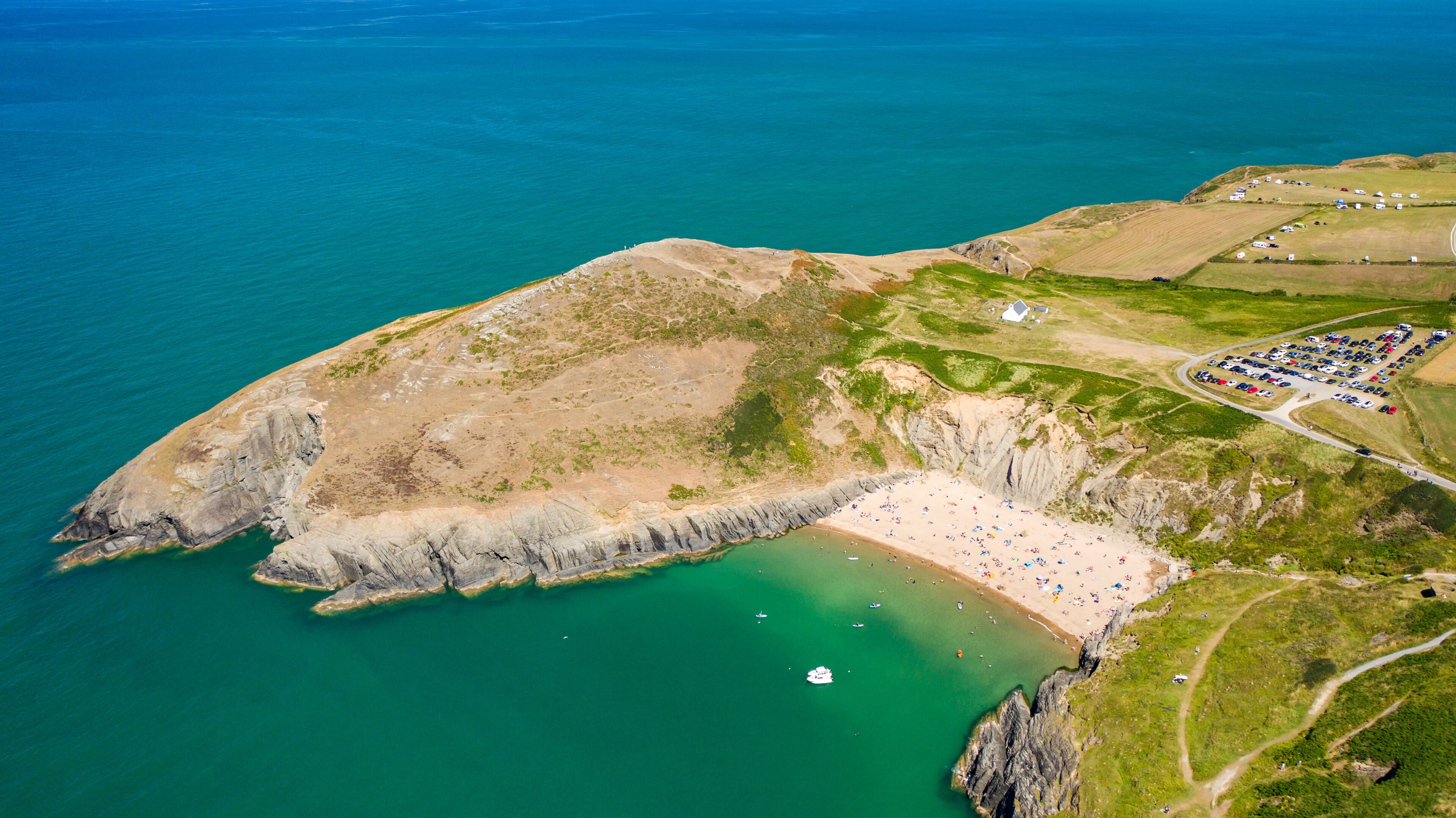 Aerial view of the spectacular sandy beach and bay of Mwnt in Ceredigion, Wales