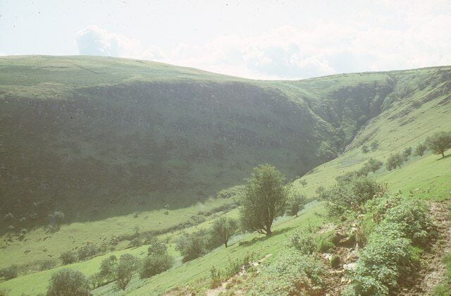 Cwm Graig-ddu. A deep north-facing cwm on the northern edge of Mynydd Eppynt, looking south from the road on the west side. The very head of the cwm is in SN9646