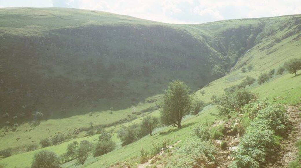 Cwm Graig-ddu. A deep north-facing cwm on the northern edge of Mynydd Eppynt, looking south from the road on the west side. The very head of the cwm is in SN9646
