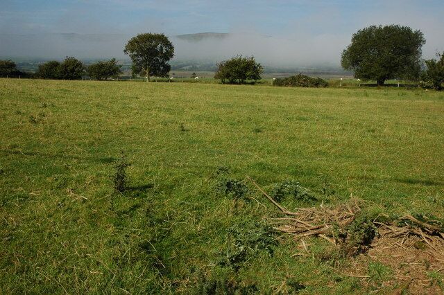 Farmland near Gelli-crugiau Farmland to the south-west of Llanwrtyd Wells. Morning mist is hanging in the valley in the background.