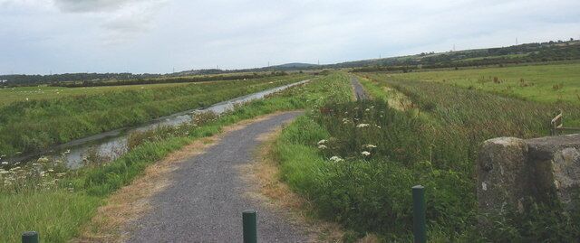 A rural road with a narrow path, a water channel, and green fields.