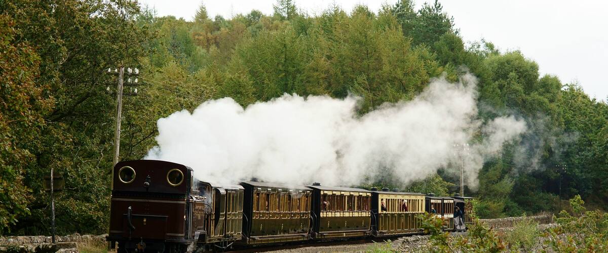 A steam train with passengers, traveling through a forested area with stone railings.