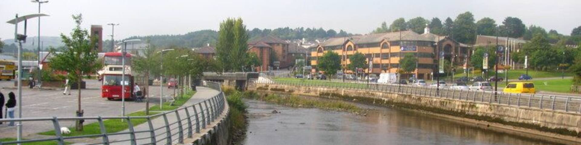 River Taff, Data from Geograph: Description: The River Taff flowing past the car park at Merthyr College. The riverside walk forms part of the Taff Trail. Keywords: car park, bus ICBM: 51.745825719674, -3.3817774331655 Location: (about 0 km from) near to Merthyr Tydfil/Merthyr Tudful, Great Britain.