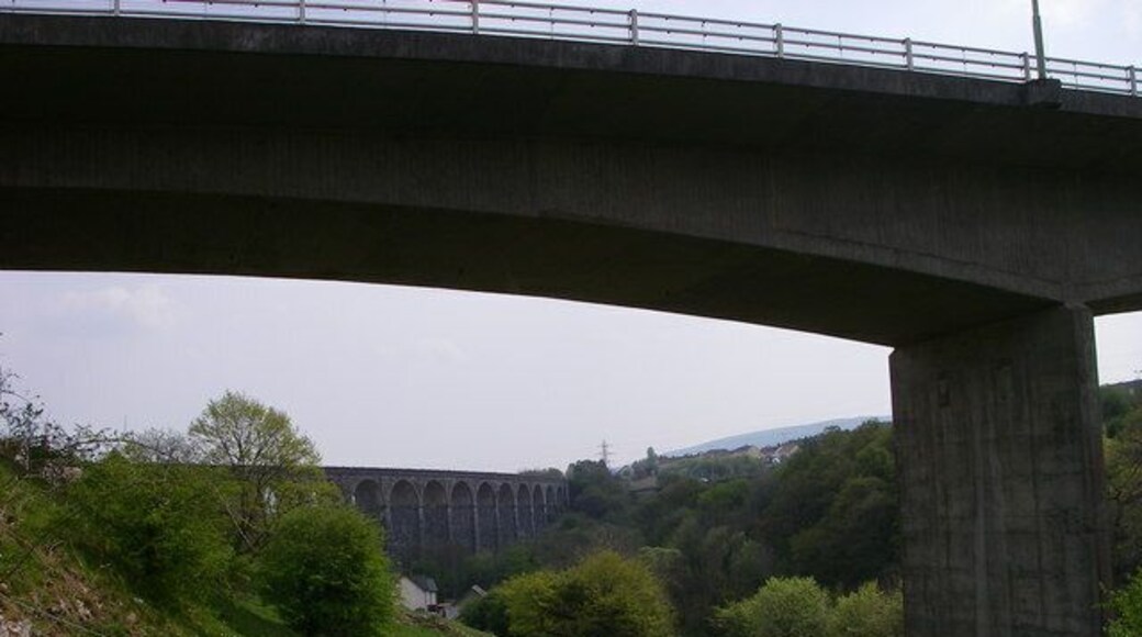 Viaducts old and new near Merthyr Tydfil Glimpsed from the Taff Trail - the former Brecon & Merthyr Junction Railway viaduct spanning the Afon Taf Fawr just downstream of the modern A645/Heads of the Valleys Road viaduct. The old railway now carries the cycle and footpaths of the trail between Pontsticill and Gellideg.