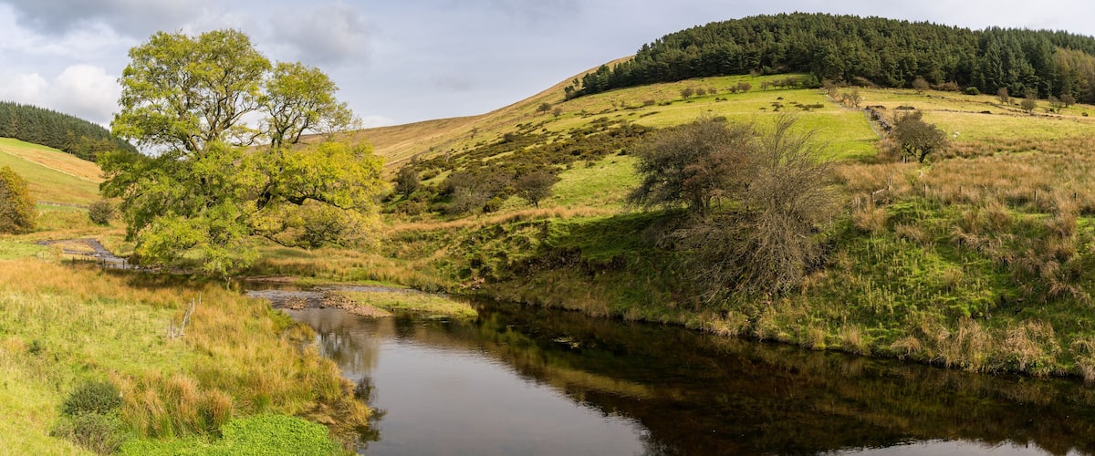 A river winding through a hilly landscape with trees and a forested hill in the background.