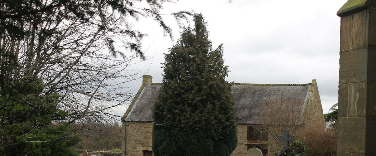 A cemetery with stone headstones, a large evergreen tree, and a stone building with a cross.