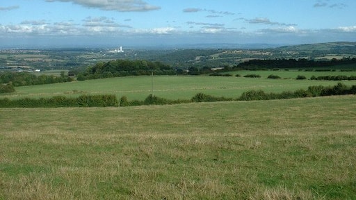 Farmland at Fron Uchaf. Looking east, with the cement factory at Buckley a prominent landmark in the distance.