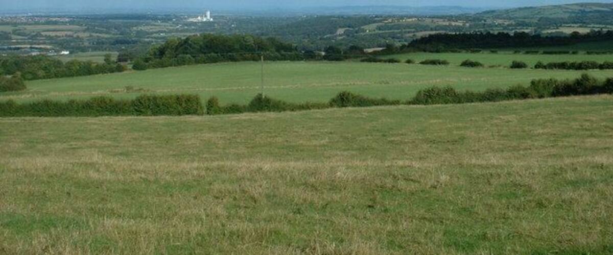 A grassy field with a distant view of a tower and rolling hills.
