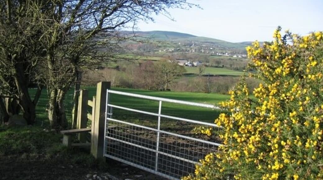Field Gate at Pantymwyn A gate and stile with a view of the Clwydian Hills and with the gorse in flower. The footpath from Pantymwyn goes down to the Leete path in the valley below.