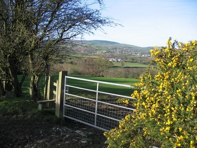 A rural landscape with a metal gate, trees, and a field.
