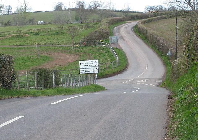 Sharp bend in the B4347 Left to Monmouth, straight ahead to Lettravane Farm. The junction is named on the map as 'The Boot'.