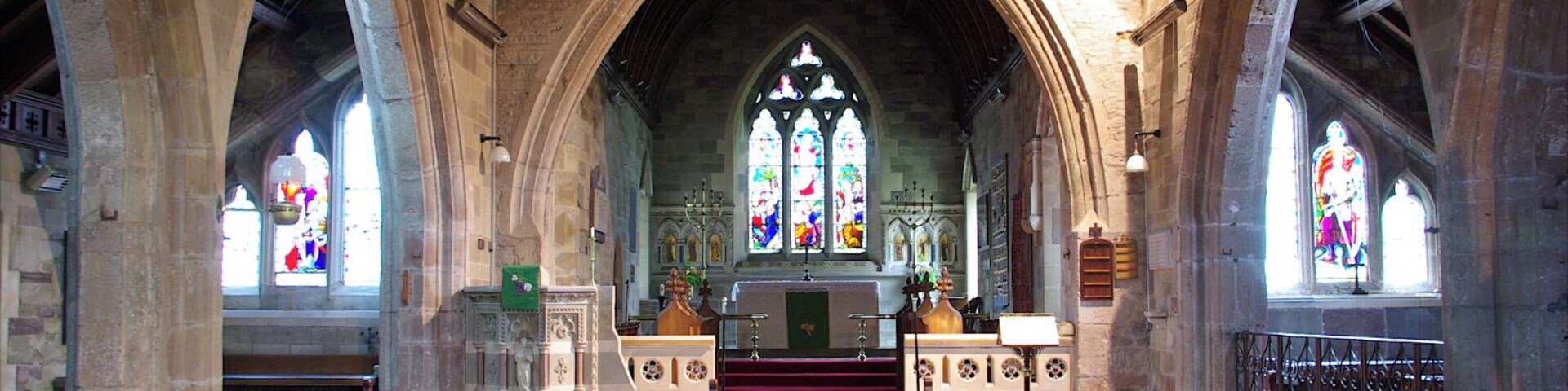 Inside the nave of St Michael's parish church, Mitchel Troy, Monmouthshire, looking east to the chancel