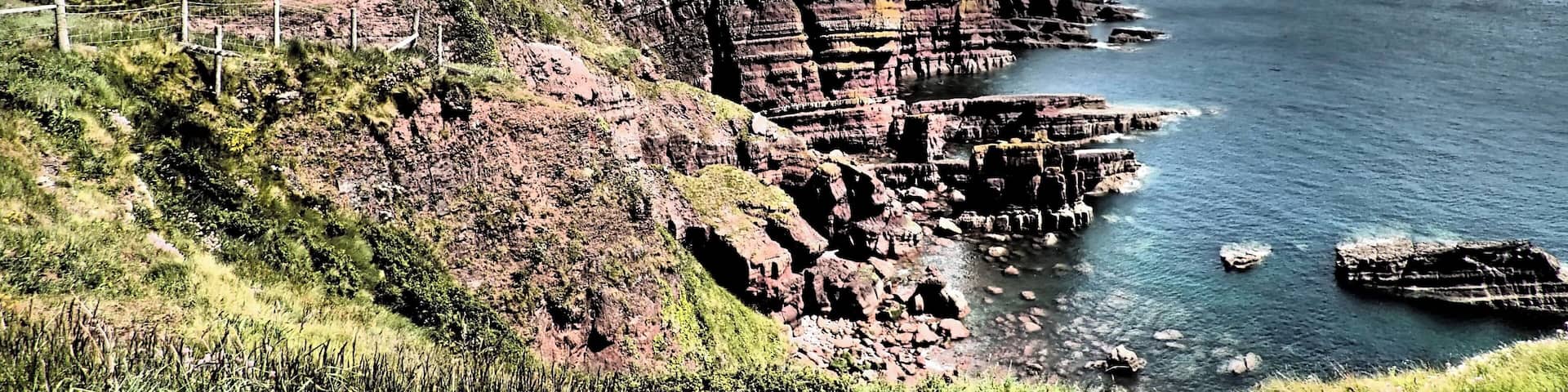 A coastal landscape with cliffs, grassy areas, and a body of water.