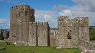 A historic stone castle with a prominent tower and battlements, surrounded by a well-maintained lawn and picnic tables.