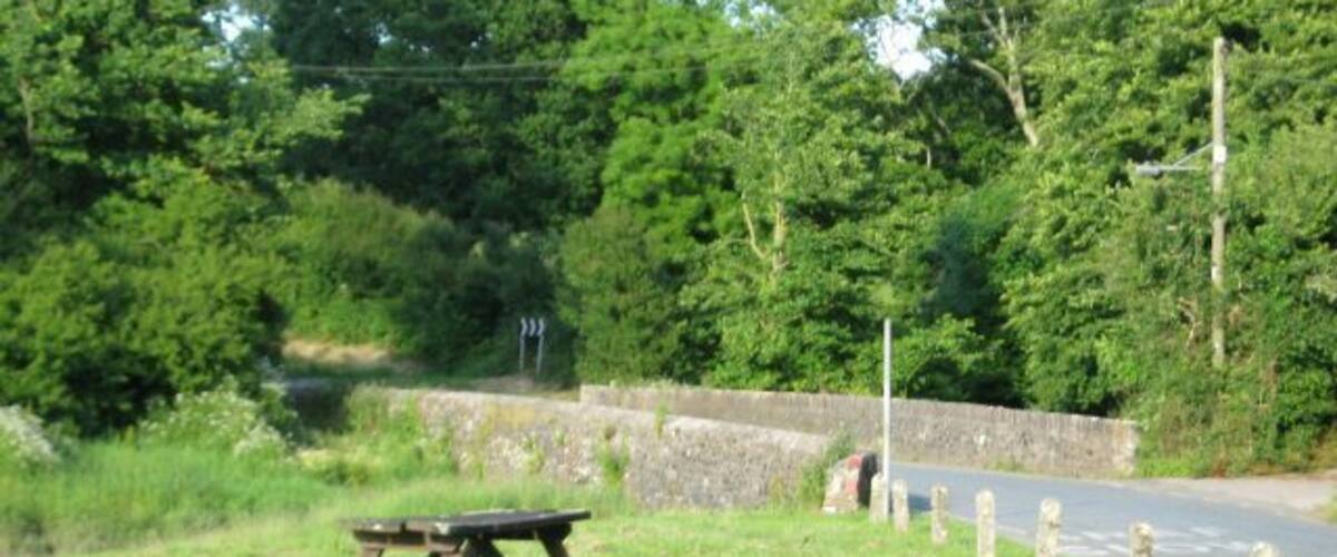 A picnic table in a grassy area with a stone wall and trees in the background.