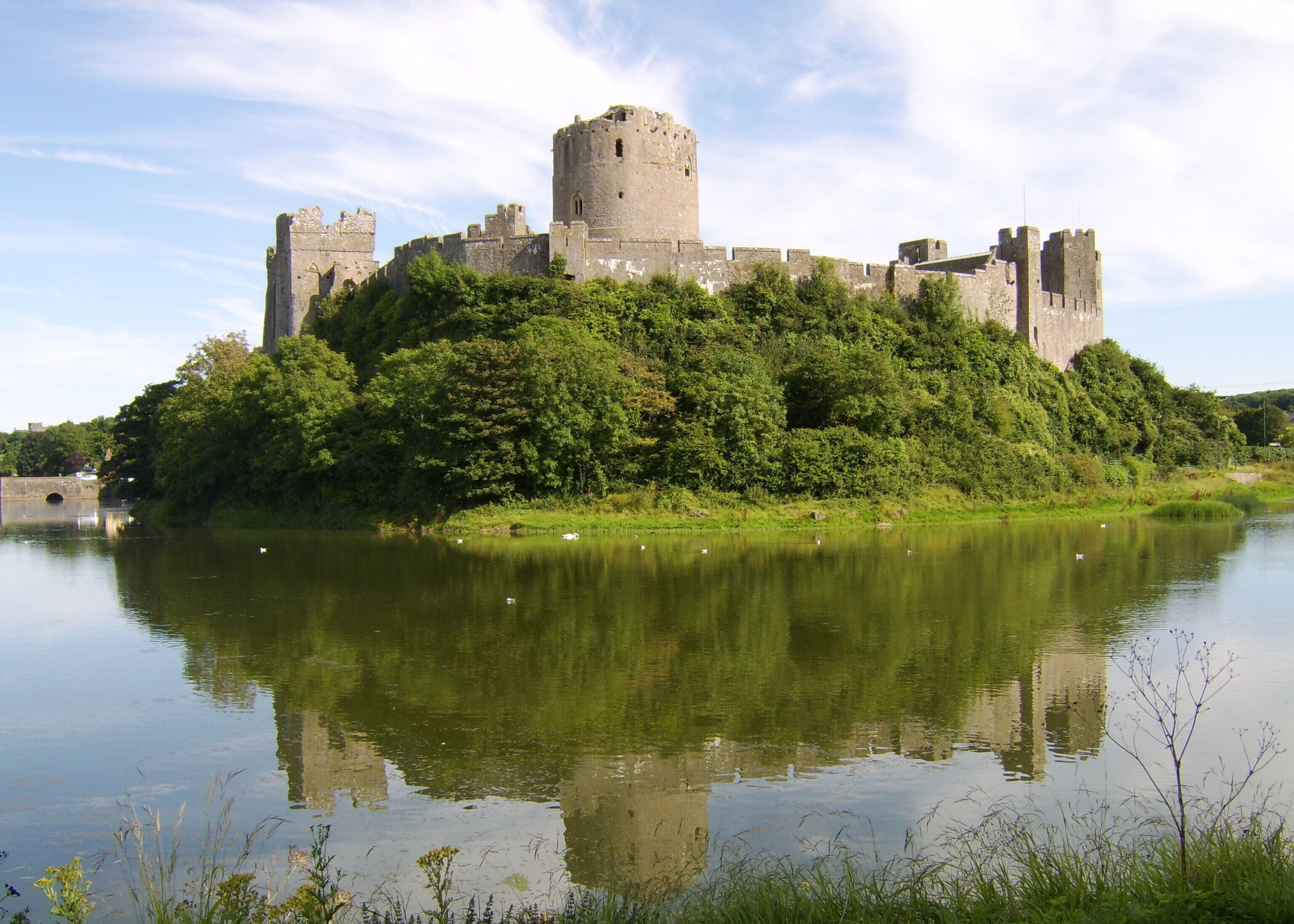 A castle surrounded by lush greenery and a calm river.